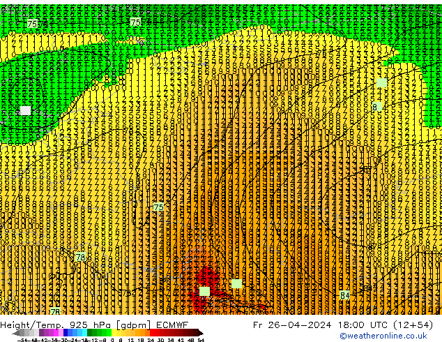 Height/Temp. 925 hPa ECMWF Fr 26.04.2024 18 UTC