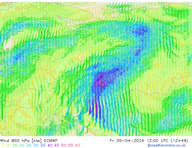 wiatr 850 hPa ECMWF pt. 26.04.2024 12 UTC