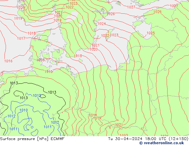 Surface pressure ECMWF Tu 30.04.2024 18 UTC