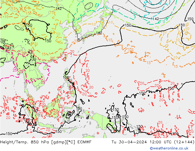 Height/Temp. 850 hPa ECMWF Tu 30.04.2024 12 UTC