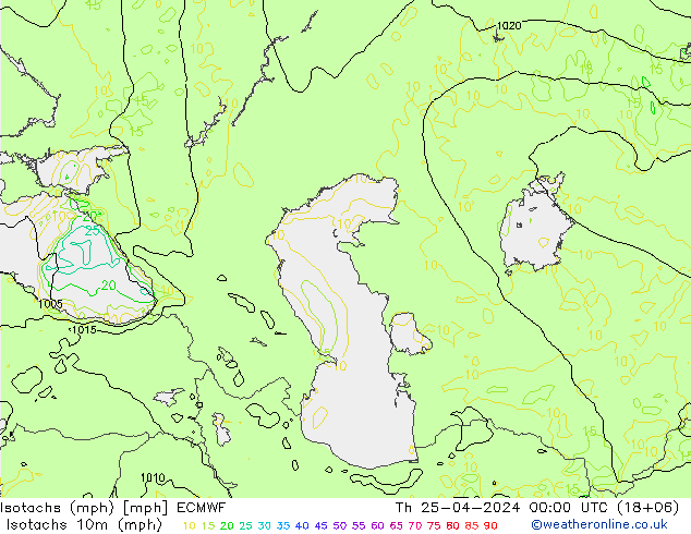 Isotachs (mph) ECMWF Th 25.04.2024 00 UTC
