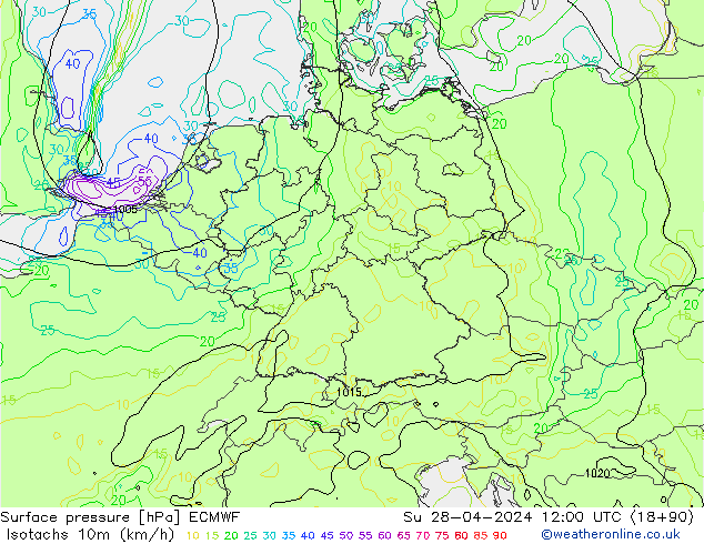 Eşrüzgar Hızları (km/sa) ECMWF Paz 28.04.2024 12 UTC