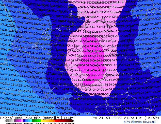 Hoogte/Temp. 500 hPa ECMWF wo 24.04.2024 21 UTC