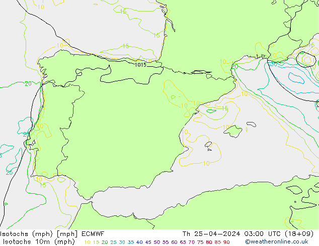 Isotachs (mph) ECMWF Th 25.04.2024 03 UTC