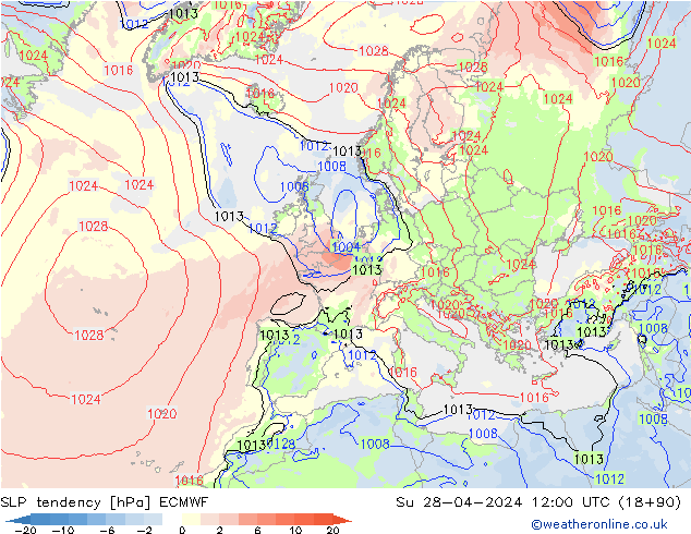 SLP tendency ECMWF Su 28.04.2024 12 UTC