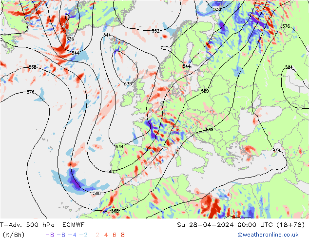T-Adv. 500 hPa ECMWF Su 28.04.2024 00 UTC