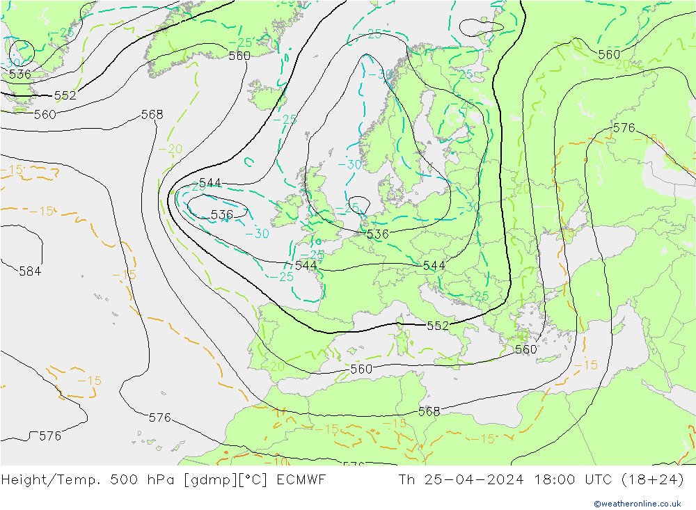 Height/Temp. 500 hPa ECMWF Do 25.04.2024 18 UTC