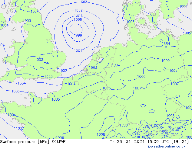 Pressione al suolo ECMWF gio 25.04.2024 15 UTC
