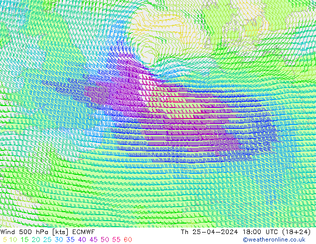 Wind 500 hPa ECMWF Čt 25.04.2024 18 UTC