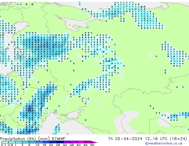 Precipitation (6h) ECMWF Th 25.04.2024 18 UTC