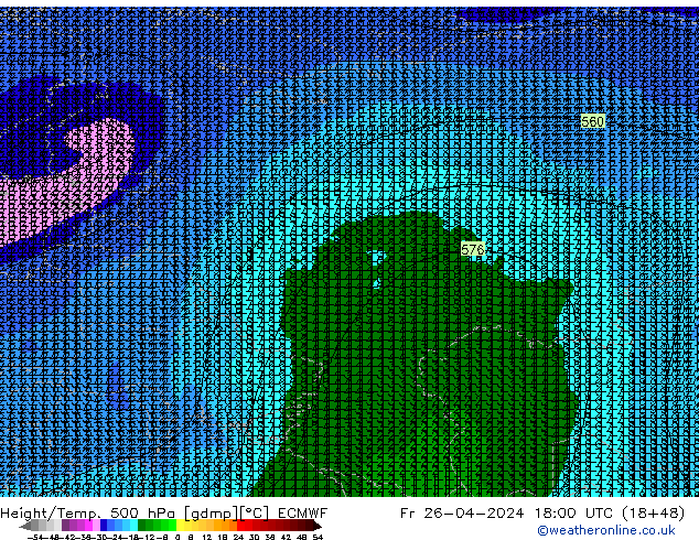 Hoogte/Temp. 500 hPa ECMWF vr 26.04.2024 18 UTC