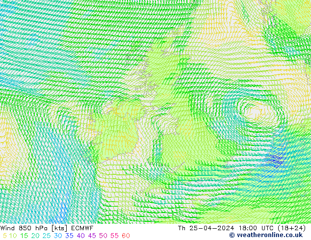 Vento 850 hPa ECMWF Qui 25.04.2024 18 UTC
