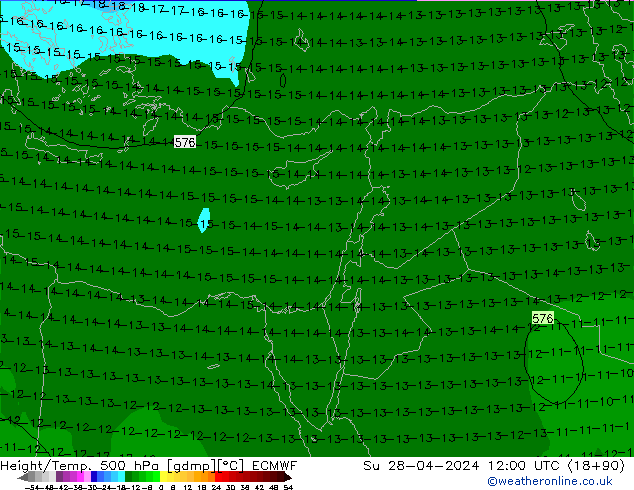 Hoogte/Temp. 500 hPa ECMWF zo 28.04.2024 12 UTC