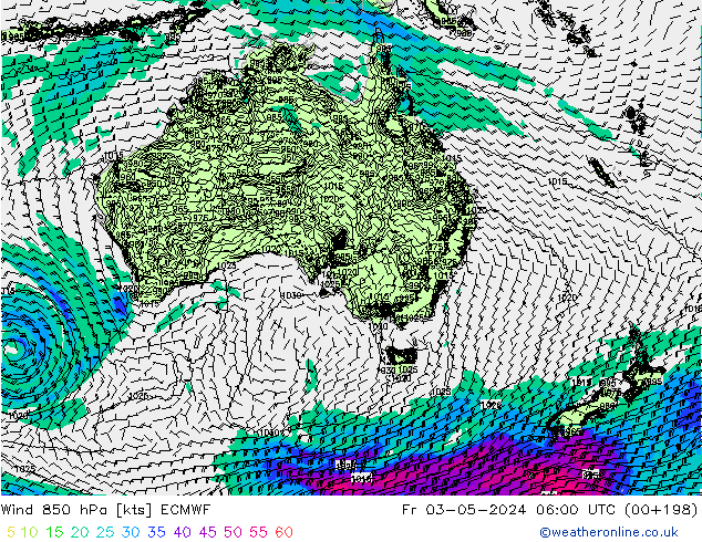 Rüzgar 850 hPa ECMWF Cu 03.05.2024 06 UTC