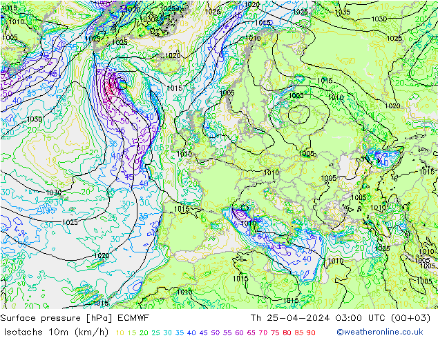 Isotachen (km/h) ECMWF Do 25.04.2024 03 UTC