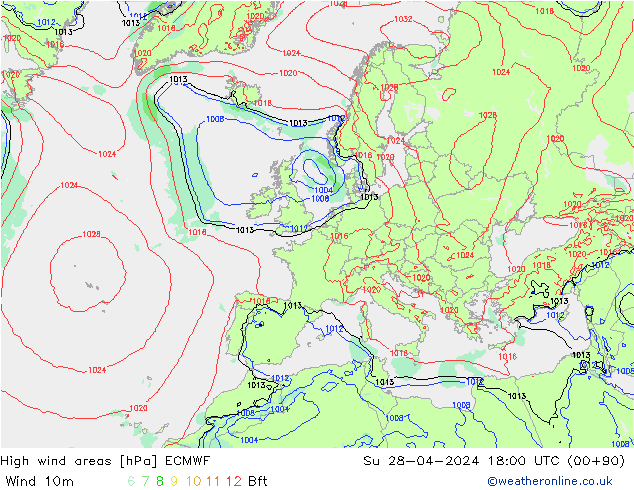 High wind areas ECMWF Su 28.04.2024 18 UTC
