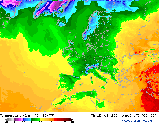 Temperatuurkaart (2m) ECMWF do 25.04.2024 06 UTC