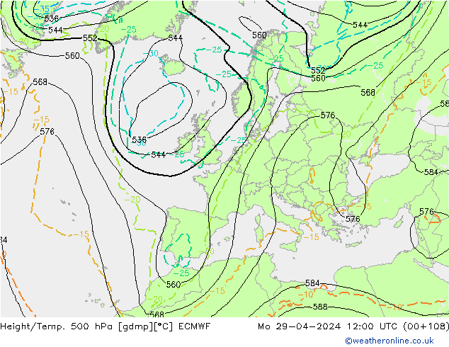Z500/Rain (+SLP)/Z850 ECMWF Mo 29.04.2024 12 UTC