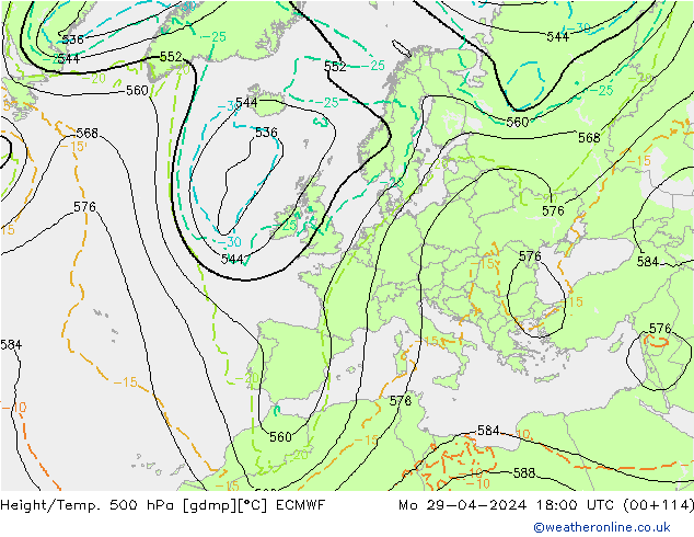 Z500/Rain (+SLP)/Z850 ECMWF Mo 29.04.2024 18 UTC