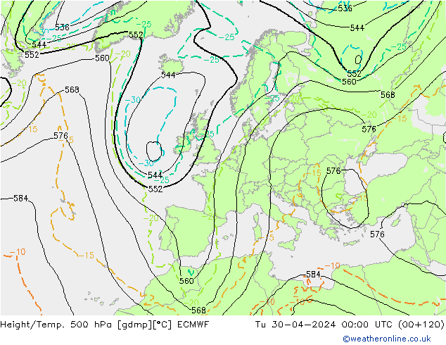 Z500/Rain (+SLP)/Z850 ECMWF Di 30.04.2024 00 UTC
