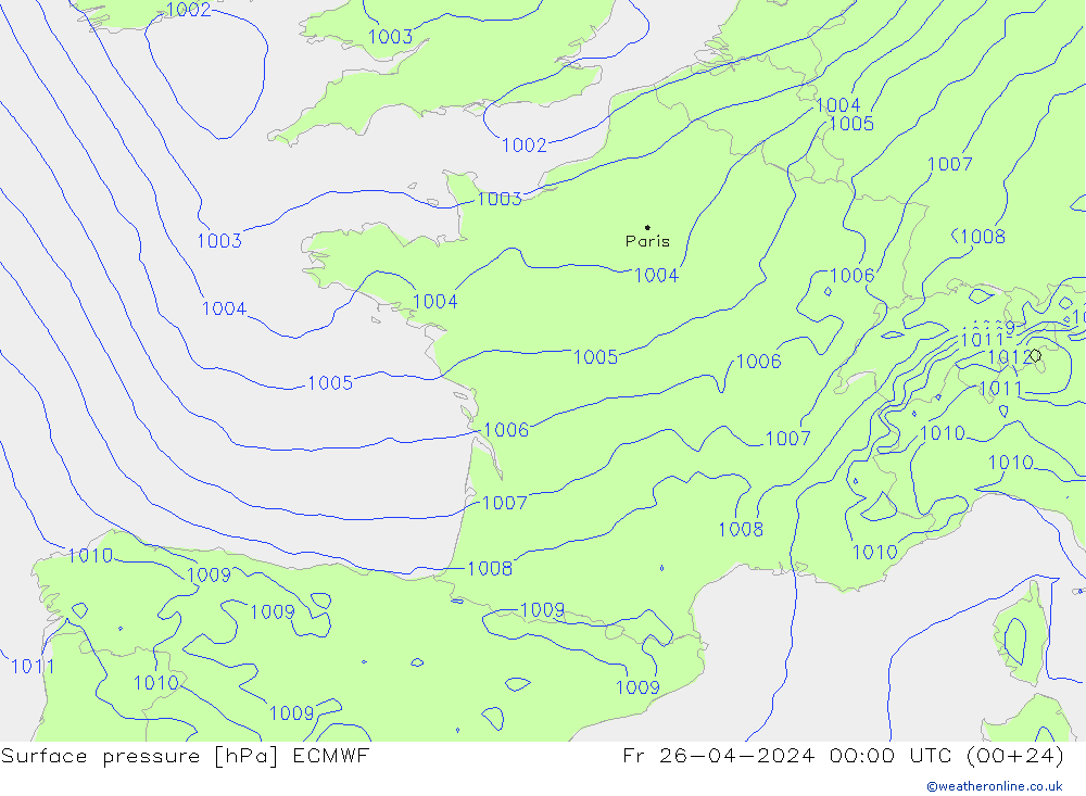 Bodendruck ECMWF Fr 26.04.2024 00 UTC