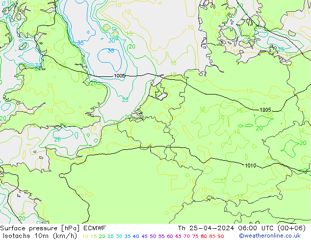Isotachen (km/h) ECMWF Do 25.04.2024 06 UTC