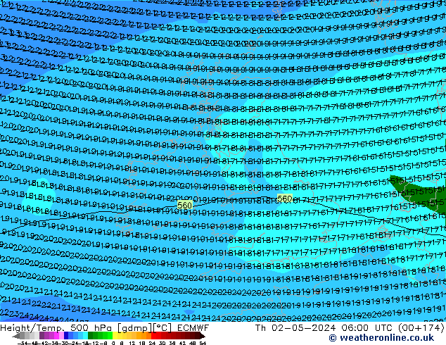 Height/Temp. 500 hPa ECMWF Qui 02.05.2024 06 UTC
