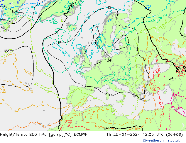 Z500/Rain (+SLP)/Z850 ECMWF czw. 25.04.2024 12 UTC