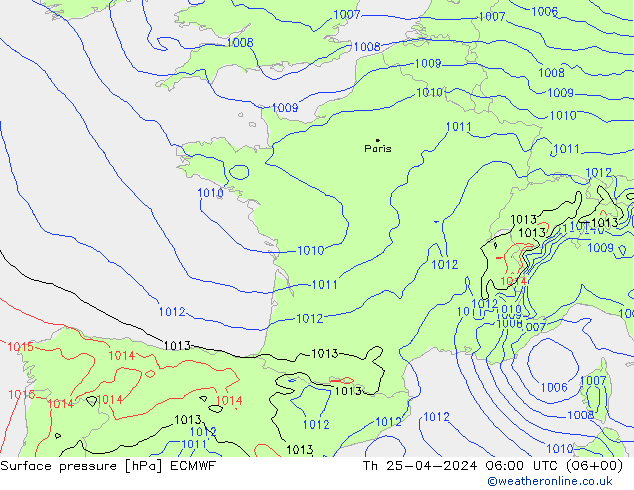 Pressione al suolo ECMWF gio 25.04.2024 06 UTC