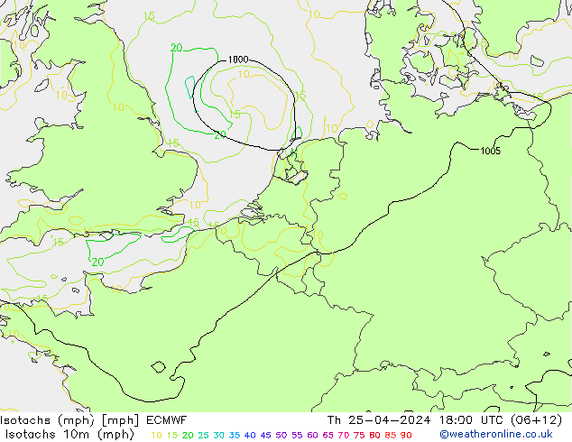 Isotachs (mph) ECMWF Th 25.04.2024 18 UTC
