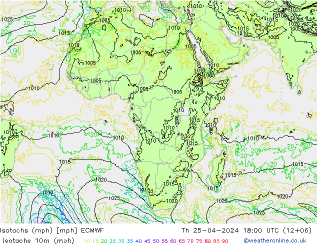 Isotachs (mph) ECMWF Th 25.04.2024 18 UTC