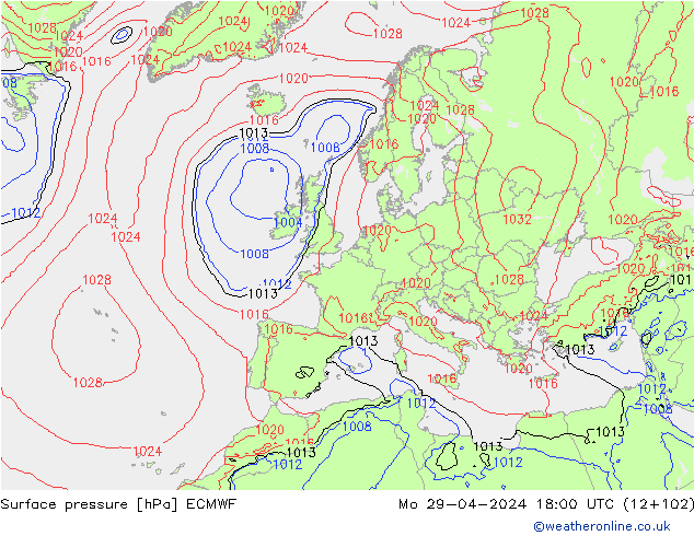 Presión superficial ECMWF lun 29.04.2024 18 UTC