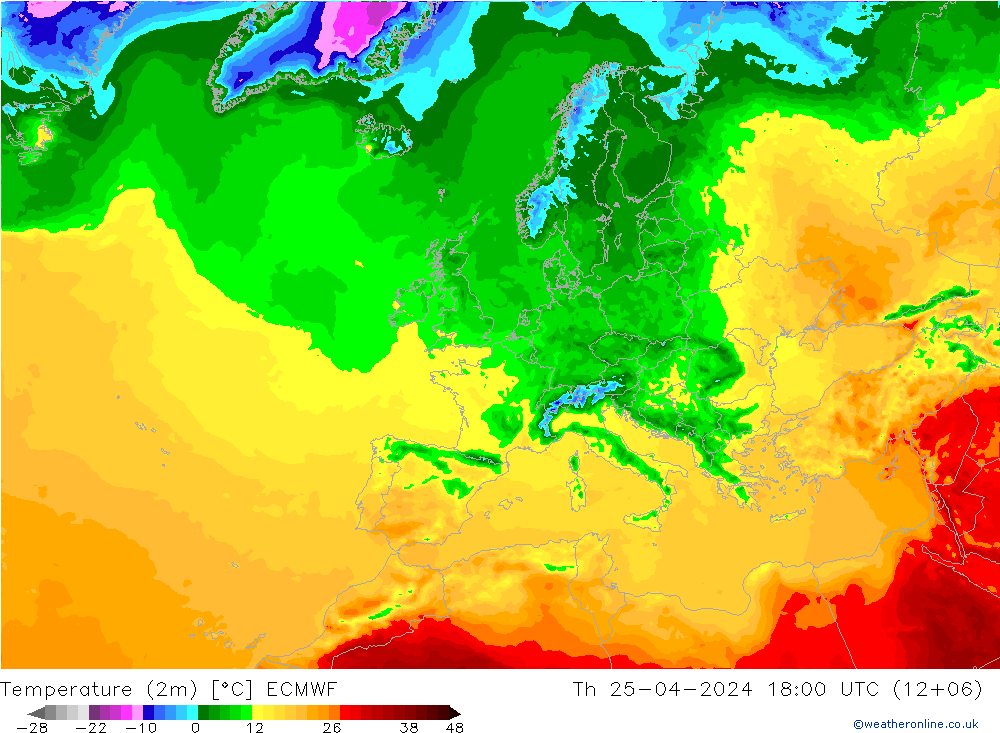 Temperature (2m) ECMWF Th 25.04.2024 18 UTC