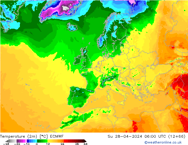 Temperature (2m) ECMWF Su 28.04.2024 06 UTC