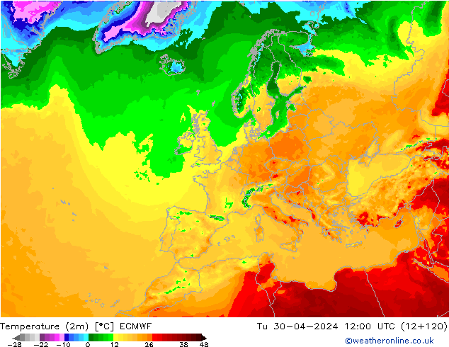 Temperature (2m) ECMWF Tu 30.04.2024 12 UTC