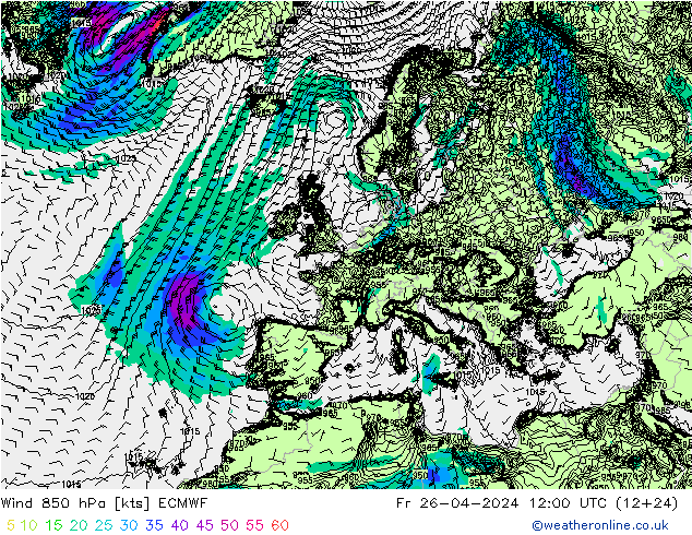 Wind 850 hPa ECMWF Fr 26.04.2024 12 UTC