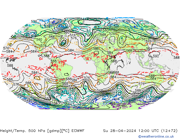 Height/Temp. 500 hPa ECMWF So 28.04.2024 12 UTC