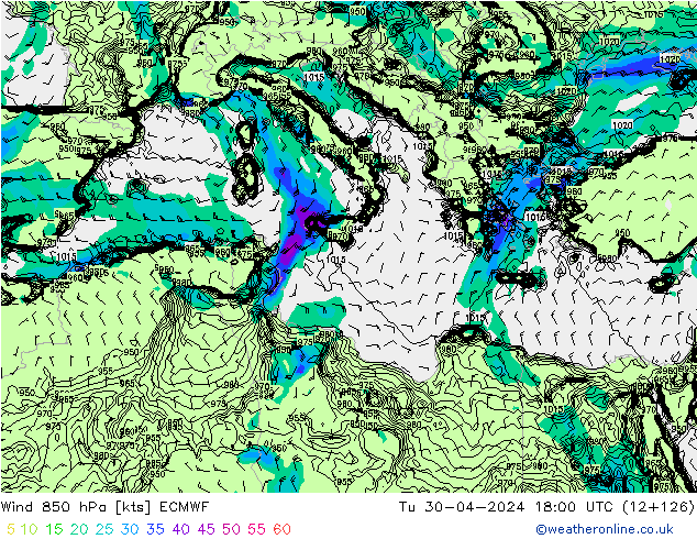 Wind 850 hPa ECMWF Tu 30.04.2024 18 UTC