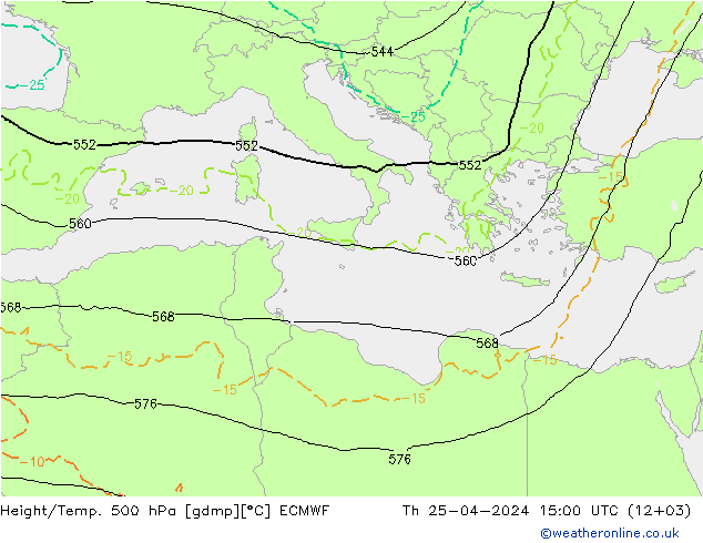 Height/Temp. 500 гПа ECMWF чт 25.04.2024 15 UTC