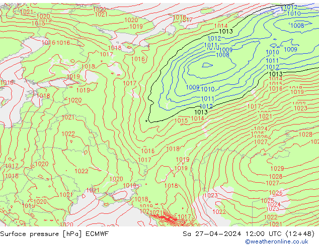 Presión superficial ECMWF sáb 27.04.2024 12 UTC