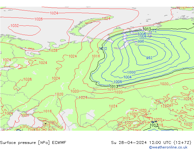 Pressione al suolo ECMWF dom 28.04.2024 12 UTC