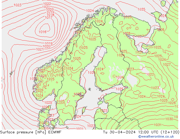 Bodendruck ECMWF Di 30.04.2024 12 UTC