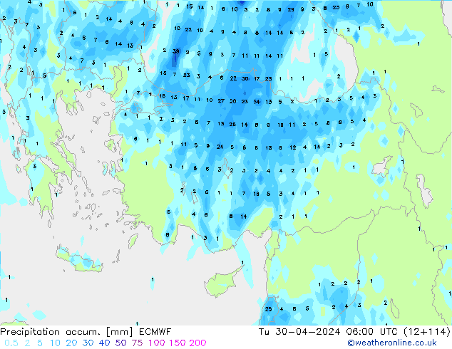 Precipitation accum. ECMWF Tu 30.04.2024 06 UTC
