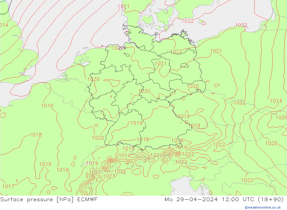 Presión superficial ECMWF lun 29.04.2024 12 UTC