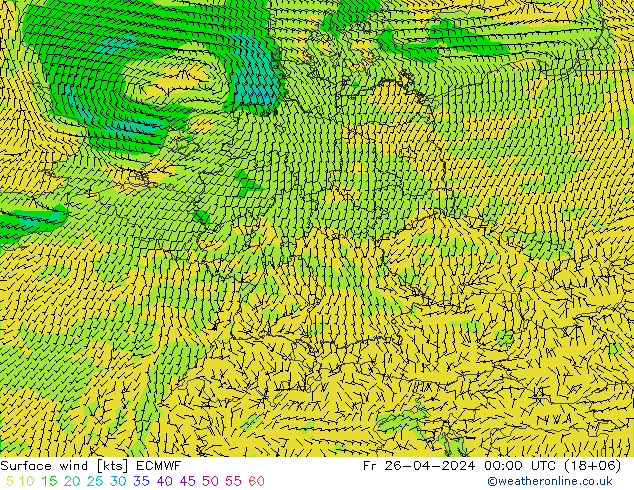 Surface wind ECMWF Fr 26.04.2024 00 UTC
