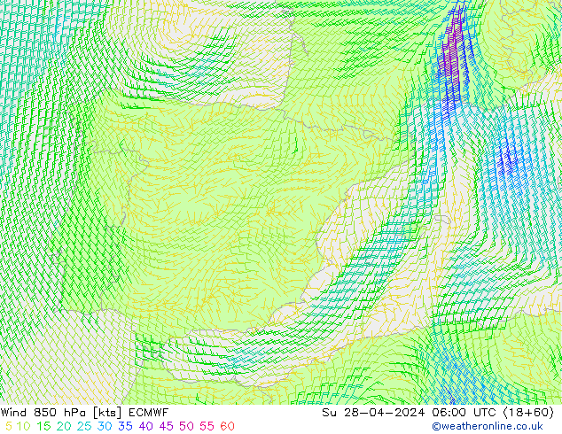 Wind 850 hPa ECMWF Su 28.04.2024 06 UTC