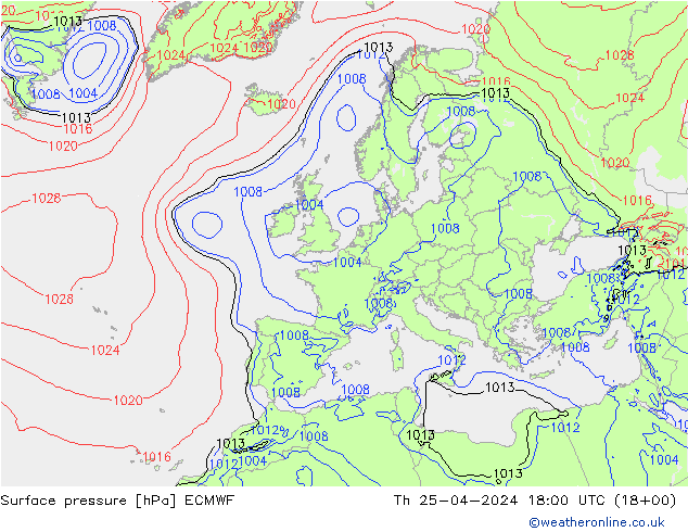 Pressione al suolo ECMWF gio 25.04.2024 18 UTC