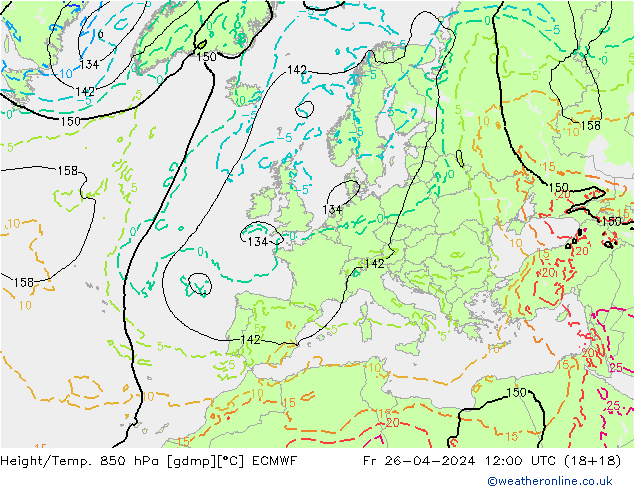 Height/Temp. 850 hPa ECMWF Fr 26.04.2024 12 UTC