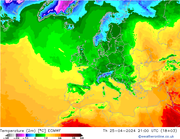 mapa temperatury (2m) ECMWF czw. 25.04.2024 21 UTC