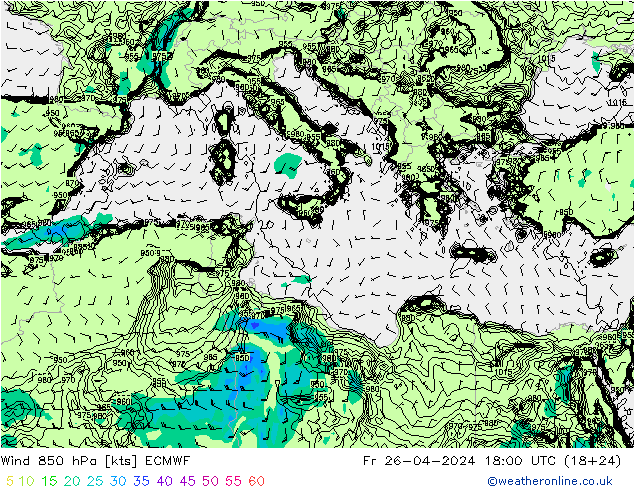 Rüzgar 850 hPa ECMWF Cu 26.04.2024 18 UTC